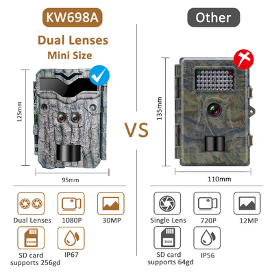 كاميرا مراقبة صيد KW698A مع عدسة مزدوجة 1080P 30MP مقاومة للماء IP67 تصل إلى 512GB رؤية ليلية 0.25s