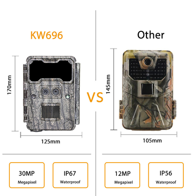 كاميرا خفية مزدوجة العدسة KW696 OEM/ODM 0.4s الزناد 1080P/30MP مقاوم للماء IP67 100ft النطاق الليلي لصيد الحيوانات البرية