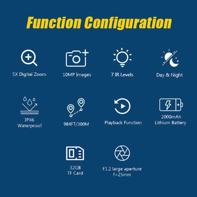 القدرة على الرؤية الليلية • شاشة عرض عالية الدقة • مرئية بعيدة المدى • تصميم متين وقوي مناسب للاستخدام في الهواء الطلق • أدوات التحكم سهلة الاستخدام • بطارية قابلة لإعادة الشحن