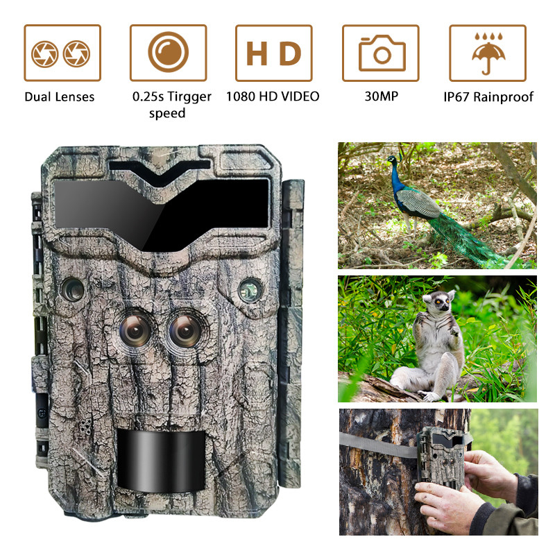 كاميرا مراقبة صيد KW698A مع عدسة مزدوجة 1080P 30MP مقاومة للماء IP67 تصل إلى 512GB رؤية ليلية 0.25s